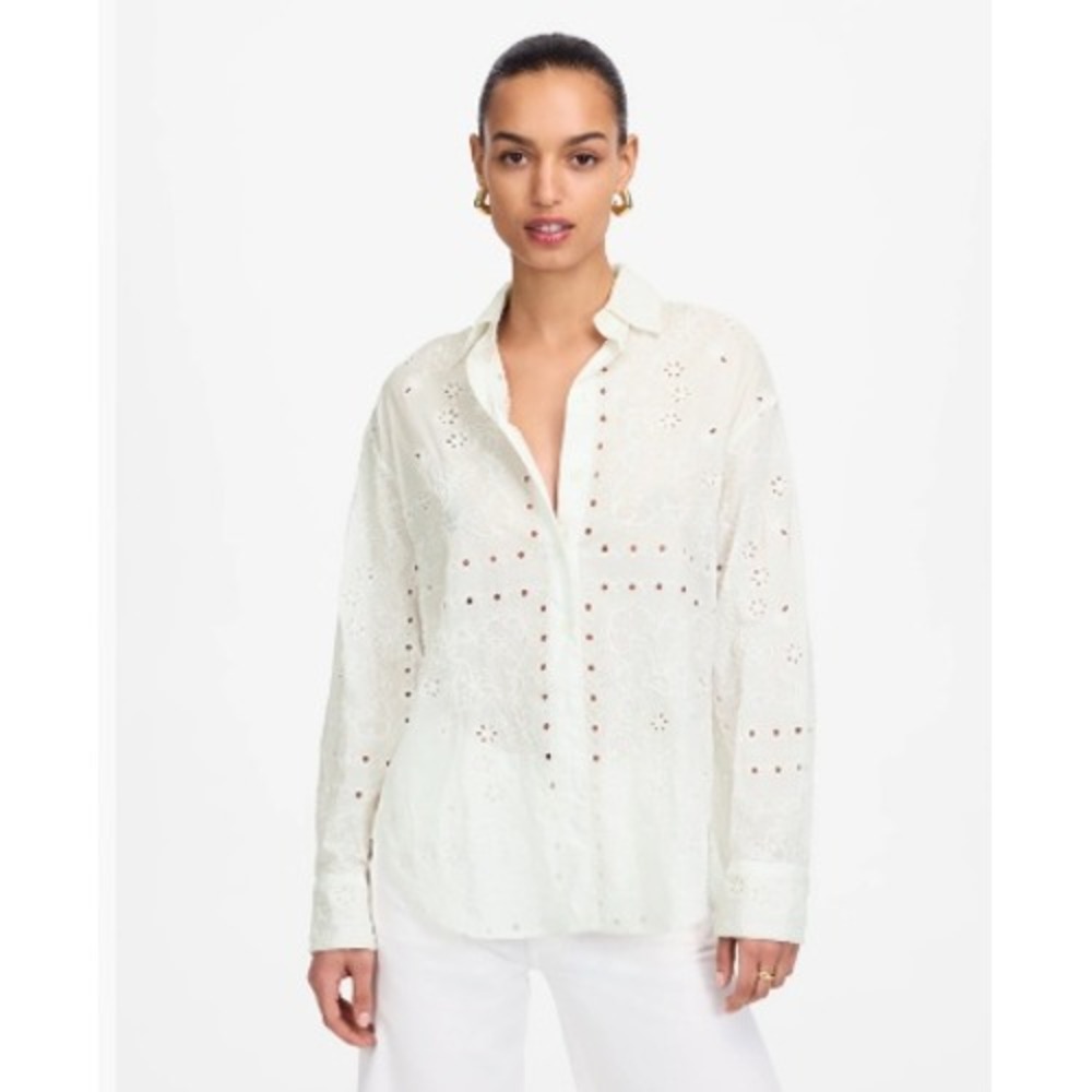 Madewell Top Womens Large Embroidered Oversized Button Shirt White Cotton Eyelet